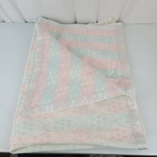 Vintage Pink Blue Thick Stripe Striped Baby Blanket Satin Edge Trim Unisex