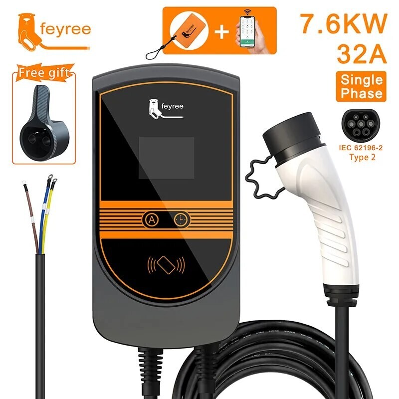 Borne de recharge EV Type 2 32A monophasée au design premium noir mat 7.6KW