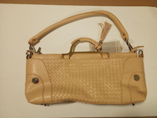 Joy Mangano Tan Faux Leather Tote Bag with Plaid Fabric Lining