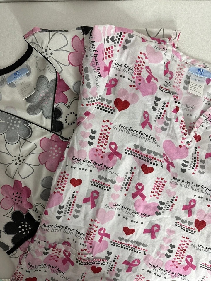 Lot of 2 SB Scrubs Woman’s Size Small Floral Breast Cancer Heart Scrub Top - Image 2 of 4