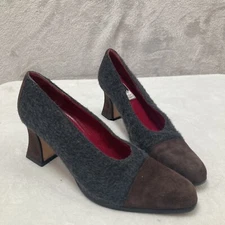 Charles Jourdan Grey Felted Wool Brown Suede Toe & Block Heel Women’s 6 1/2