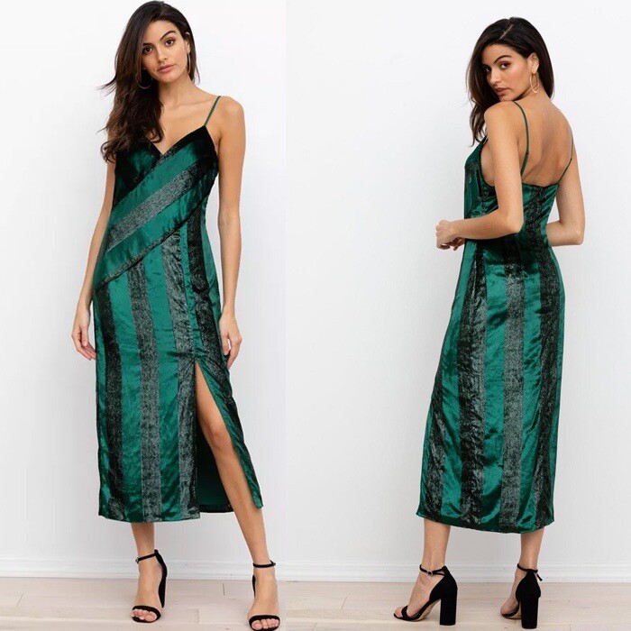 Yumi Kim NWT Antgropologie Euphoria Emerald Green Stripe Velvet Metal Dress  XS | eBay