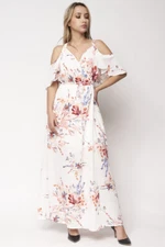 Ivory Floral Cold Shoulder Wrap Maxi Dress Size Small V Neck  