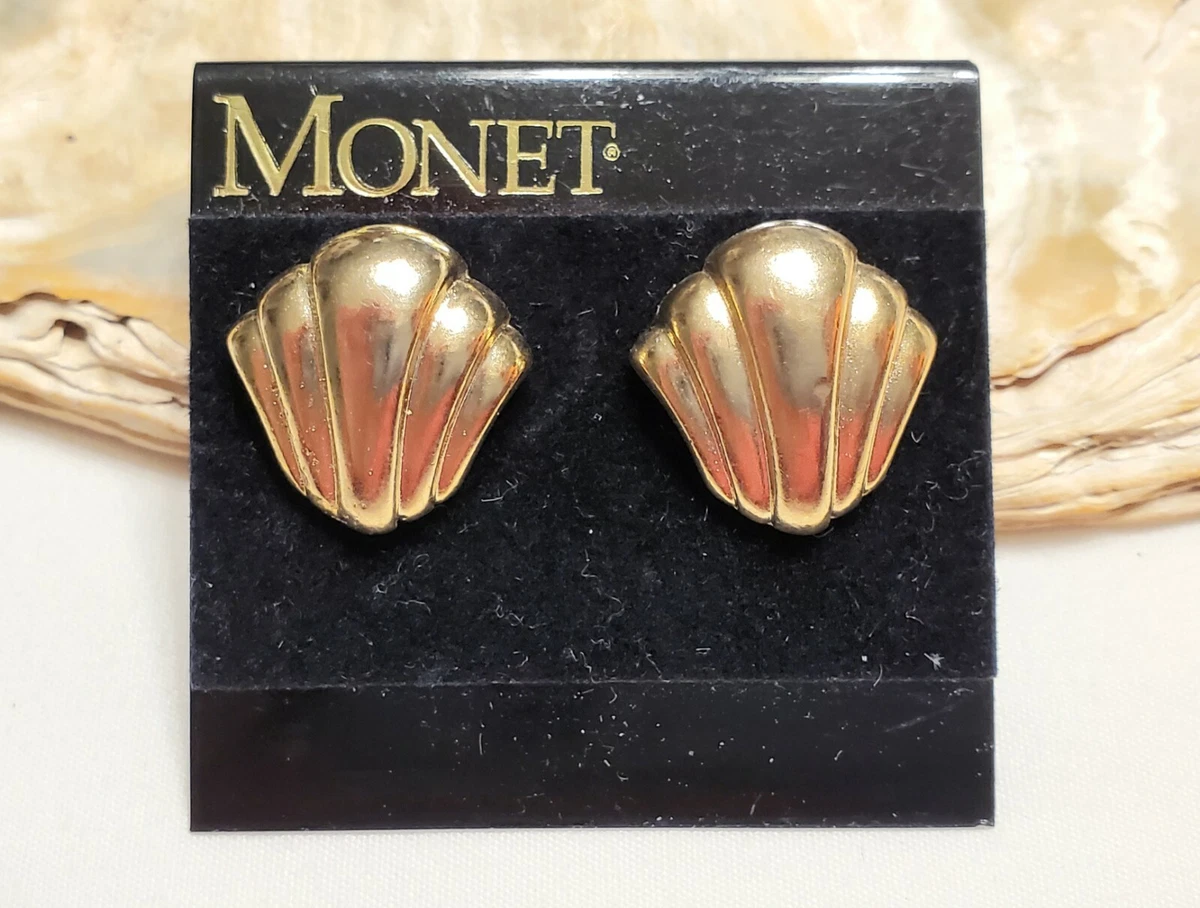 New Vintage MONET Earrings Gold Tone Scalloped Shell Pierced NOS