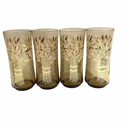 Set 4 Vintage MCM Libbey Franco Wheat Water Glasses Tumbler Smokey Amber 16oz