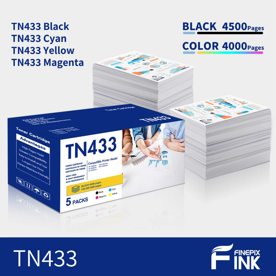 5 PACK- TN-433BK TN433C TN433M TN433Y HIGH YIELD TONER COMPATIBLE WITH BROTHER - Image 2 of 4
