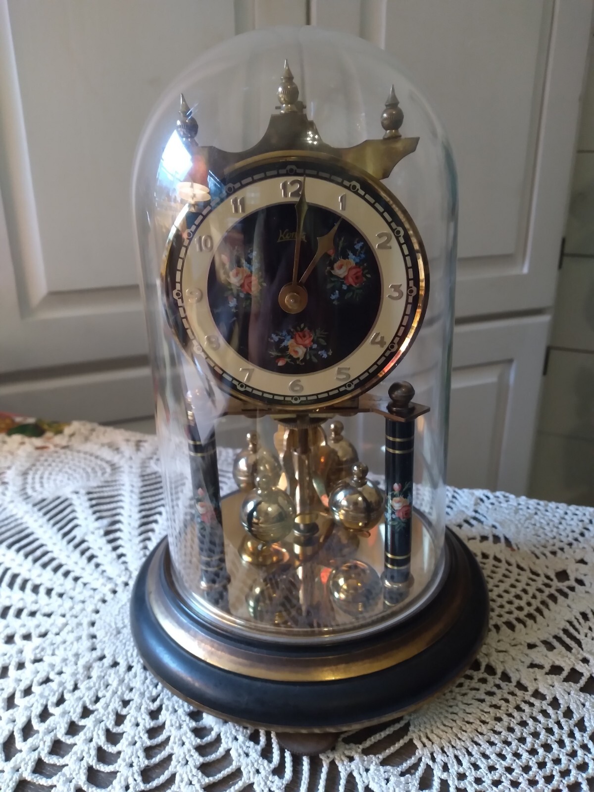 VINTAGE KOMA GERMAN BRASS CLOCK WITH FLORAL DESIGN AND PLASTIC DOME AS