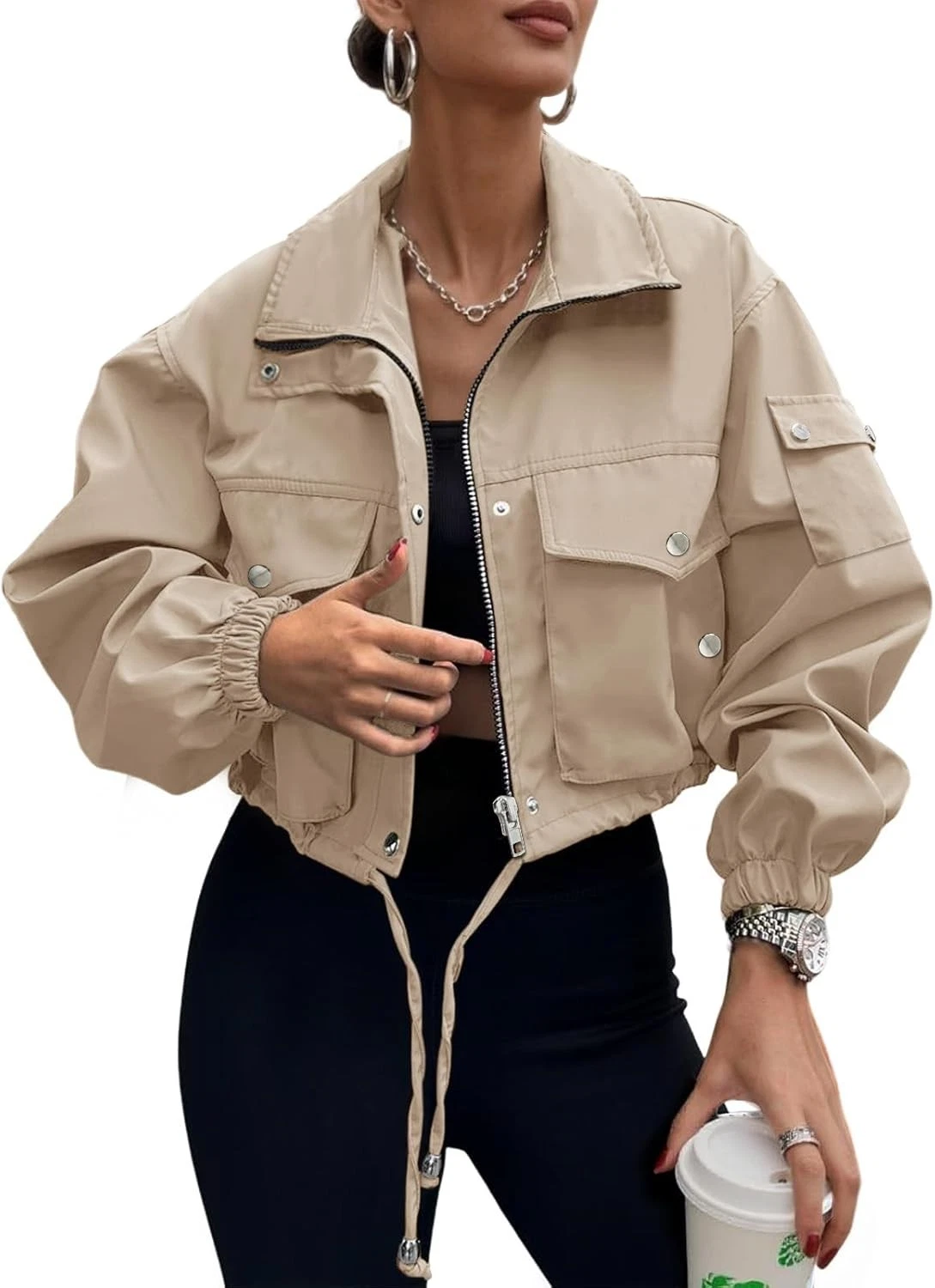 Womens Cropped Bomber Jacket 2026 Trendy Zip Up Lightweight Utility Anorak Coat
