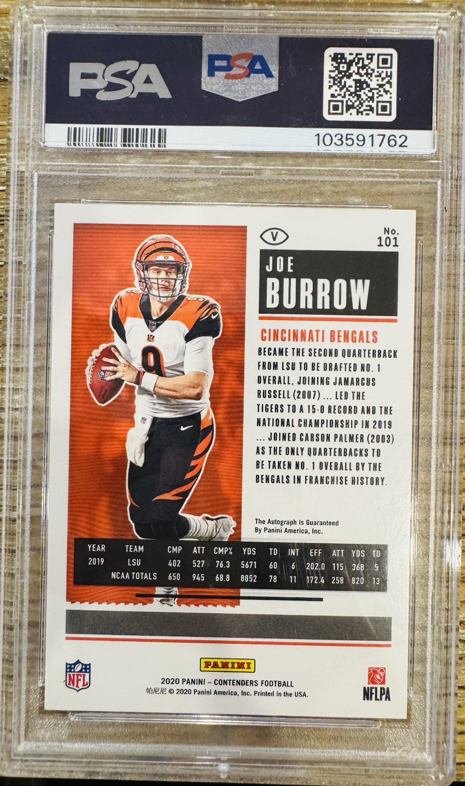 2020 Panini Contenders Joe Burrow Variation Rookie Ticket Auto #101 PSA 10 view 3