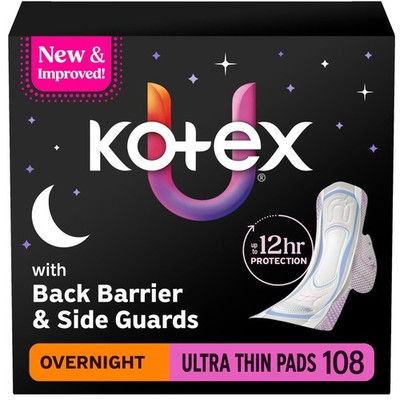 Kotex Ultra Thin Overnight Pads with Wings, Heavy Absorbency, 108 Count 3 Pac...