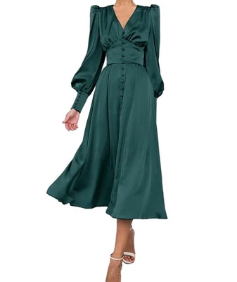 Robe Longue Maxi Satinée Élégante Vintage Vert Foncé XS - Photo 1/4