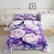 Purple Rose Comforter Set Full Size Purple Butterfly Bedding Set for Girls Wo...
