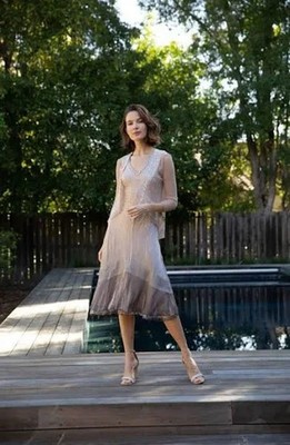 NEW, Koma Rov Beaded Neck Tiered Chiffon & Charmeuse Midi Dress Size S #MD054