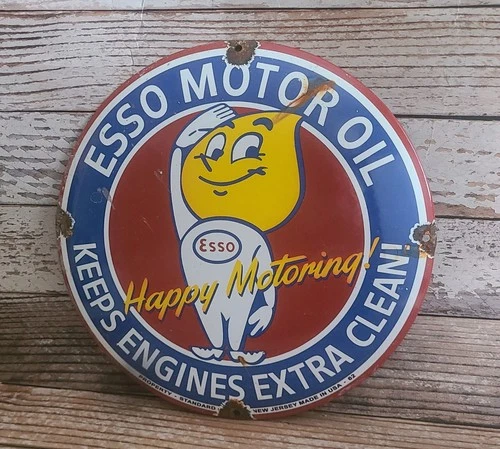 Vintage Esso Motor Oil Porcelain Metal Gas Pump Plate Sign - Happy Motoring