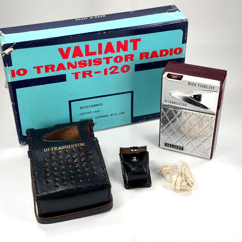 Valiant TR-120 10 Transistor Radio with Leather Case and Earphone - WORKS