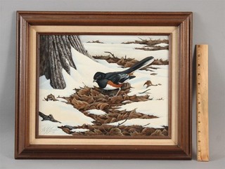 Signed WILHELM GOEBEL Realist Ornithology Towhee Bird in Snow Oil Painting NR