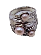 Hagit Gorali Sterling Silver 3 Pearl Square Ring Artisan Sculptured Israel 9 NIB