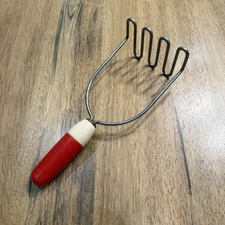 Androck Potato Masher Kitchen Utensil Red White Plastic Handle Vintage 1950s