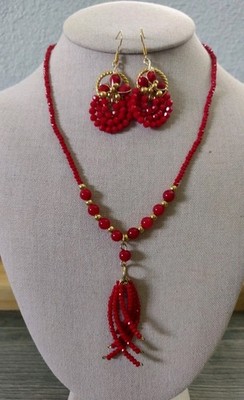  collar rojo de mujer ,aretes,Set ,mexicano,  artesanal. hand Made jewerly