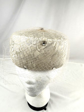 Vintage 1960's Pillbox White Brocade Silver w/ Rhinestone Detai Wedding Hat