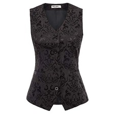 Womens Waistcoat Vest Button Up V Neck Sleeveless Jacquard Steampunk Costume