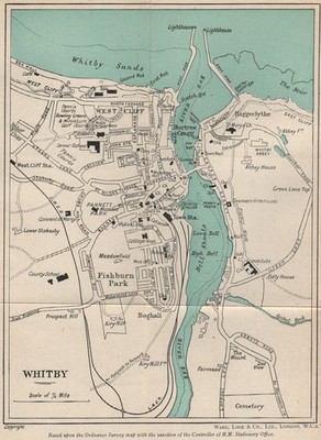 WHITBY Vintage Stadtplan. Yorkshire. WARD LOCK 1945 alte Vintage Kartenkarte