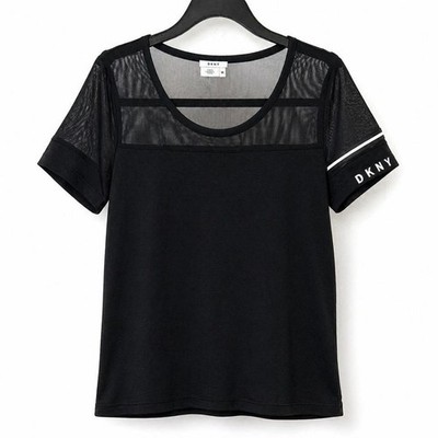 DKNY Black Mesh Panel Top Women's Size Medium Sheer Short Sleeve Shirt