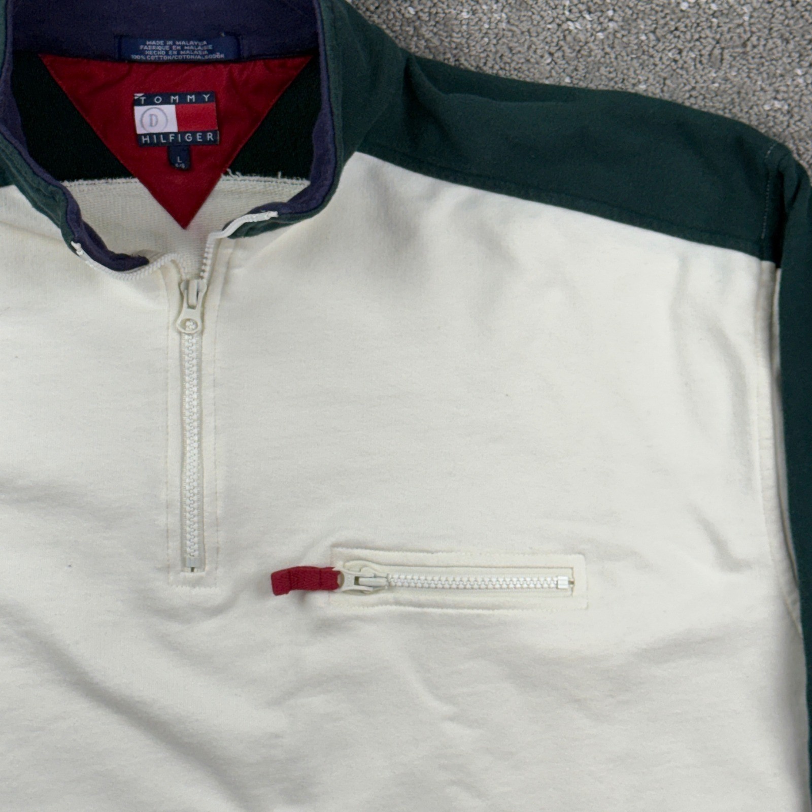 Vintage 90s Tommy Hilfiger Mens L 1/4 Zip Colorblock Sweatshirt Heavy Cotton
