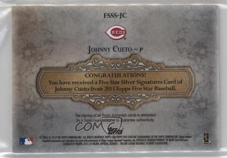 2013 Topps Five Star Silver Signatures Gold /10 Johnny Cueto #FSSS-JC Auto - Image 2 of 2