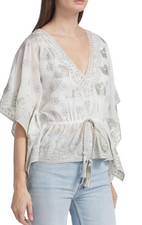 ALICE + OLIVIA Sharita Embroidered Kaftan Top Medium White Silver