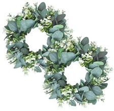 2Pc Artificial Eucalyptus Wreath Fabric Eucalyptus Leave Wreath Round Green W...