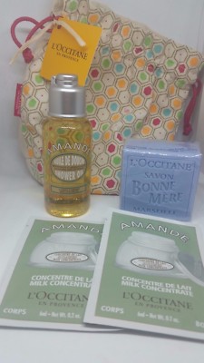New L'Occitane Almond Oil, Concentrate & Lavender Soap Travel Size Set w/Bag!