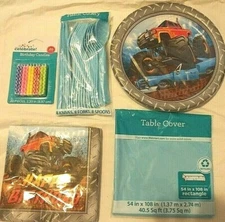 MONSTER TRUCK Happy Birthday Light Blue Party Supply Kit w/ Candles & Tableware