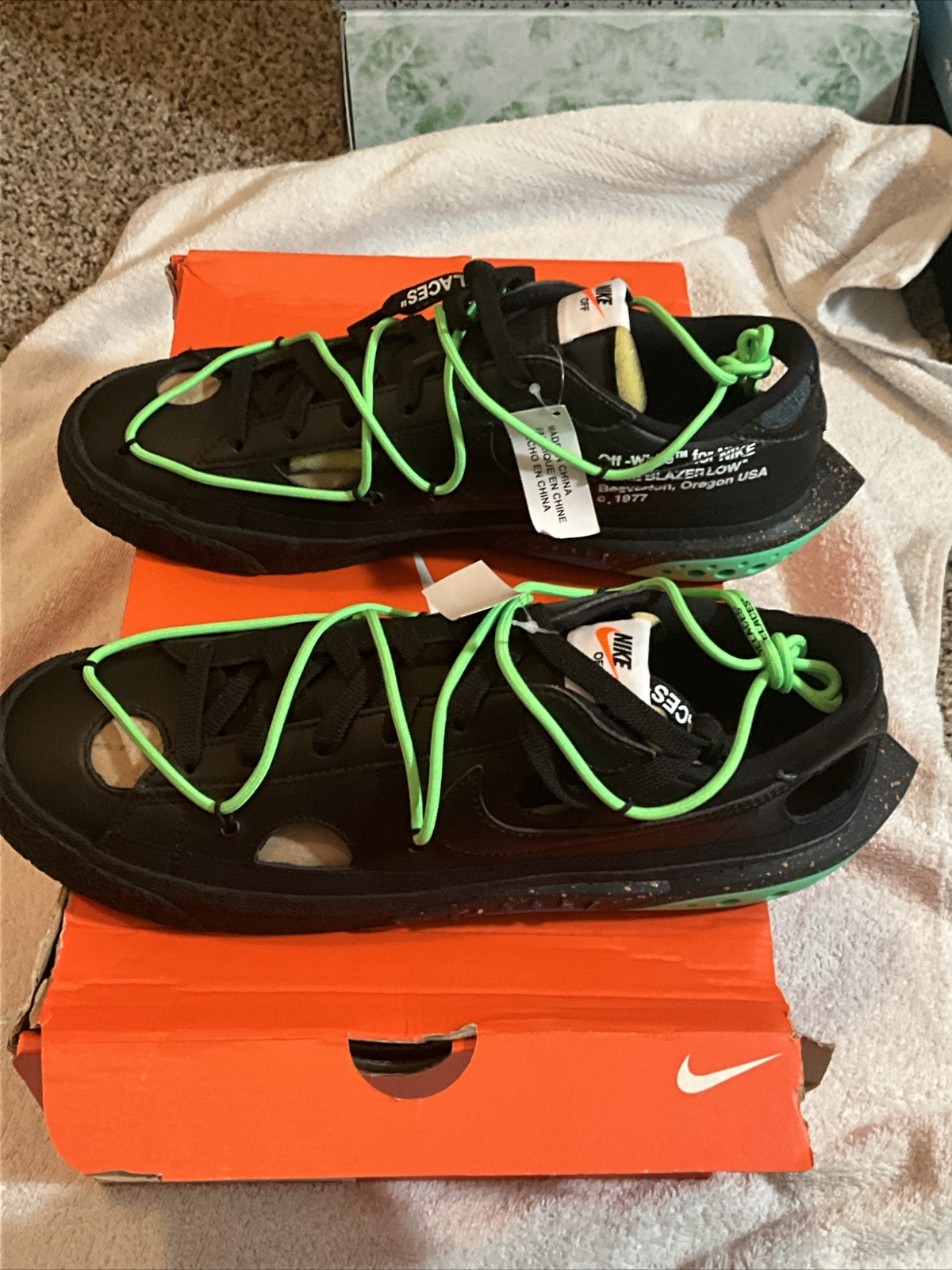 OFF WHITE X NIKE Nuova taglia 12 Nike Blazer Low x BIANCO SPORCO nero verde DH7863 001 scatola danneggiata