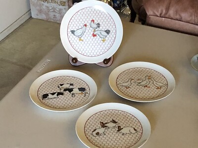 4 TAKAHASHI SAN FRANCISCO CERAMICWIRE SALAD PLATES 7,8  COW CHICKEN RABBIT DUCK