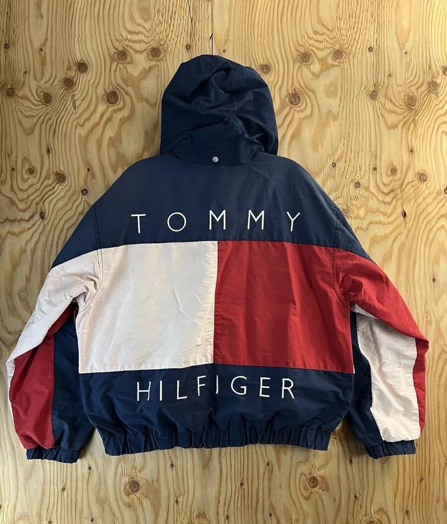 Vtg 90s Tommy Hilfiger PINK Spell Out Big Flag Logo Reversible Men M Jacket Coat