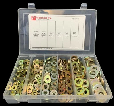 FASTENERS INC 425 Piece Grade 8 SAE Extra Thick Heavy Duty Flat Washer Assortment Kit 6 Sizes