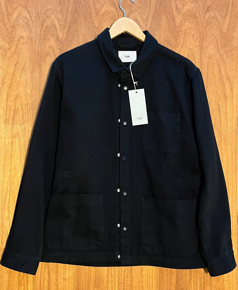 Folk Twill Overshirt Jacket in Soft Black Size XL  