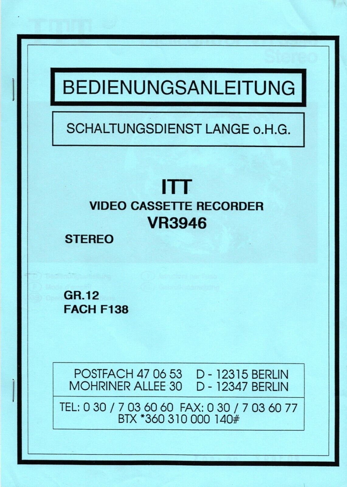 Instrukcja obsługi # ITT # Kaseta wideo Rec. # VR-3946 # niemiecki # 20 stron