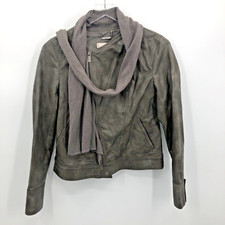 Macys Womens Aviator Bomber Jacket Vegan Leather Khaki Small Attached Scarf Zip