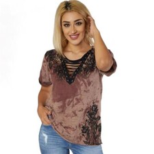Women's Affliction Provo Floral Wash Rhinestone Lace Up Y2K T-Shirt XS-XL