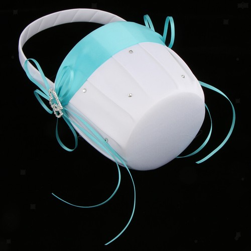 Satin Wedding Flower Girl Basket Double Heart Rhinestone Decor Light Blue - Picture 6 of 10