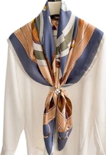 100% Silk 34" square Scarf Women neckerchief shawl Wrap blue brown beige