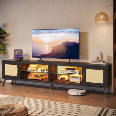 Bestier TV Stand 80''W Particle Board W/Storage Cabinets +2 Rattan Doors in Black