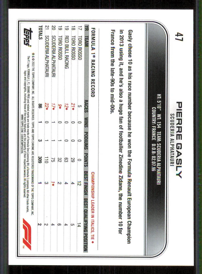 2022 Topps Chrome Formula 1 #47 Pierre Gasly - Image 2 of 2