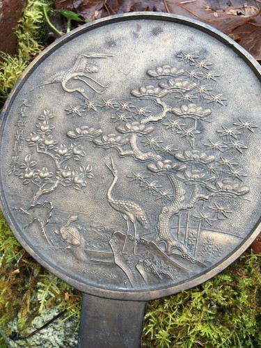 signed Antique 19th C Japanese Bronze Kagami Hand Mirror Meiji turtle crane bird - Picture 15 of 21