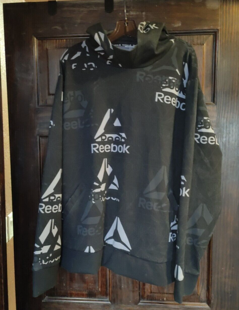 Reebok Black Graphic Logo Hoodie Sweatshirt front pocket High NeckMen's Size XL