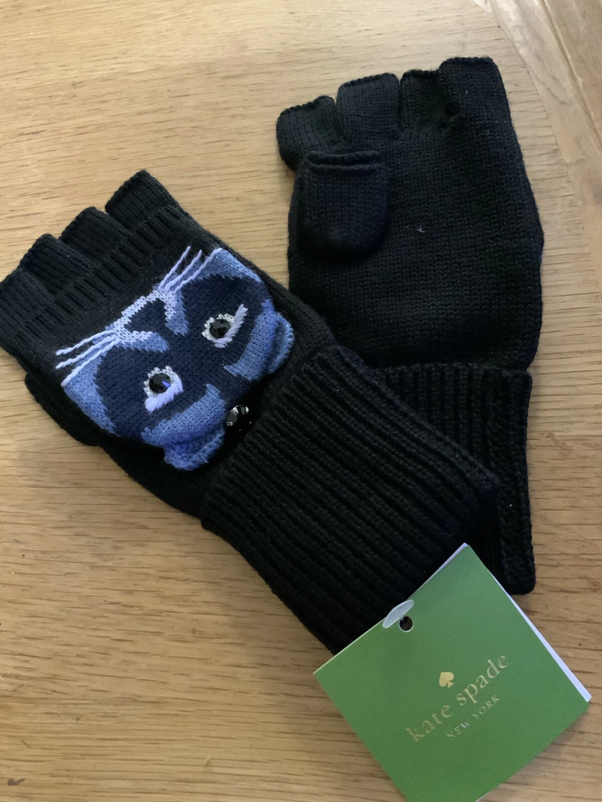 Kate Spade Womens Gloves Mittens Racoon Pop Top Mittens Black One Size