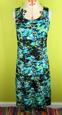 Kim Rogers Womens Petite S Sleeveless Swing Dress Stretch Blue Green Black EUC