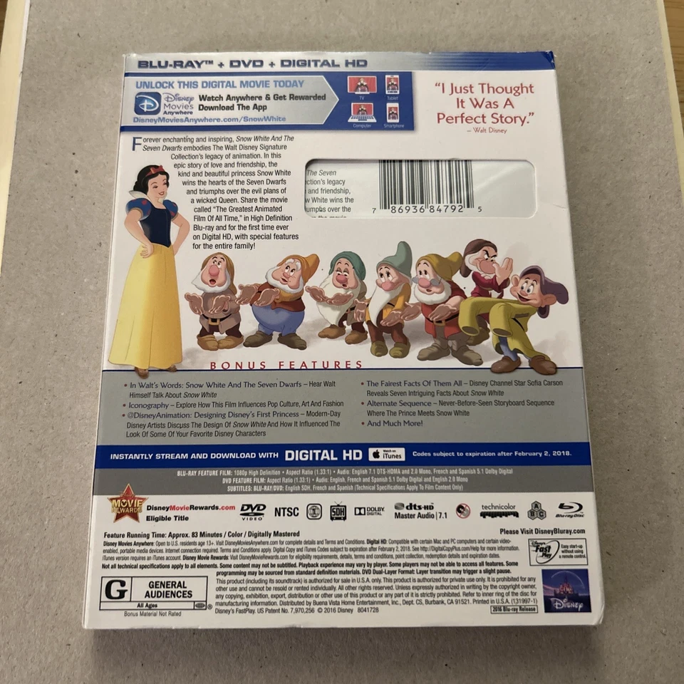 Snow White and the Seven Dwarfs Blu-ray Walt Disney With Slip Cover Brand New - Image 2 of 4